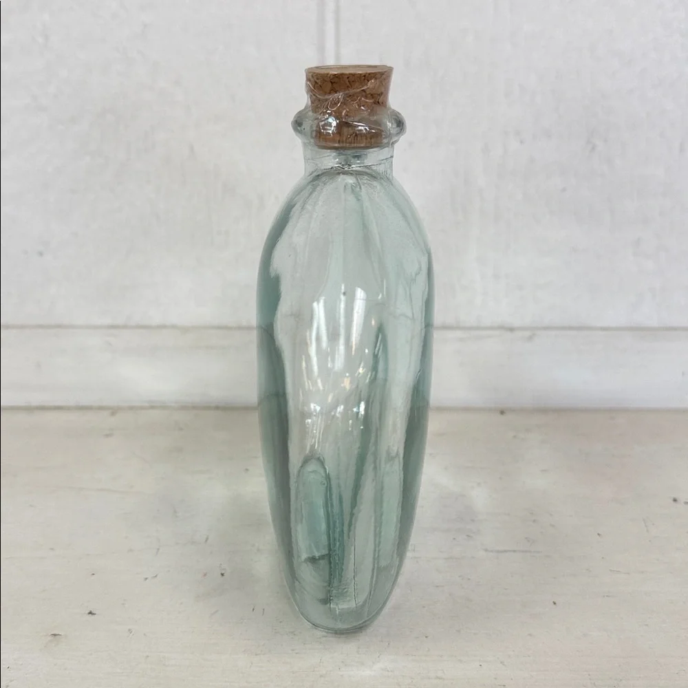 Vintage Pier 1 Clear Green Glass Bulb Vase w/ Cork Stopper Approx 6” Spain